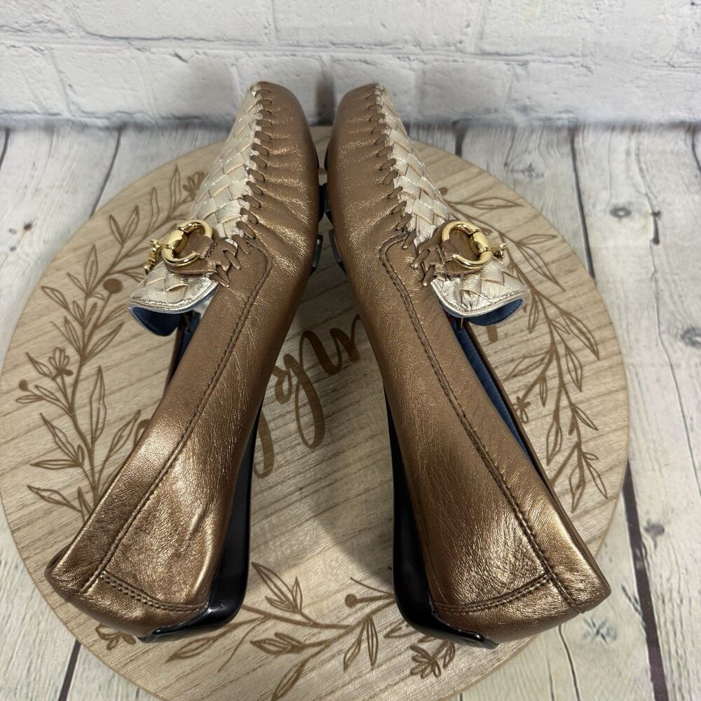 Robert Zur Womens 8.5 Metallic Bronze Gold Woven Leather Driving Loafers Flats - Picture 6 of 13
